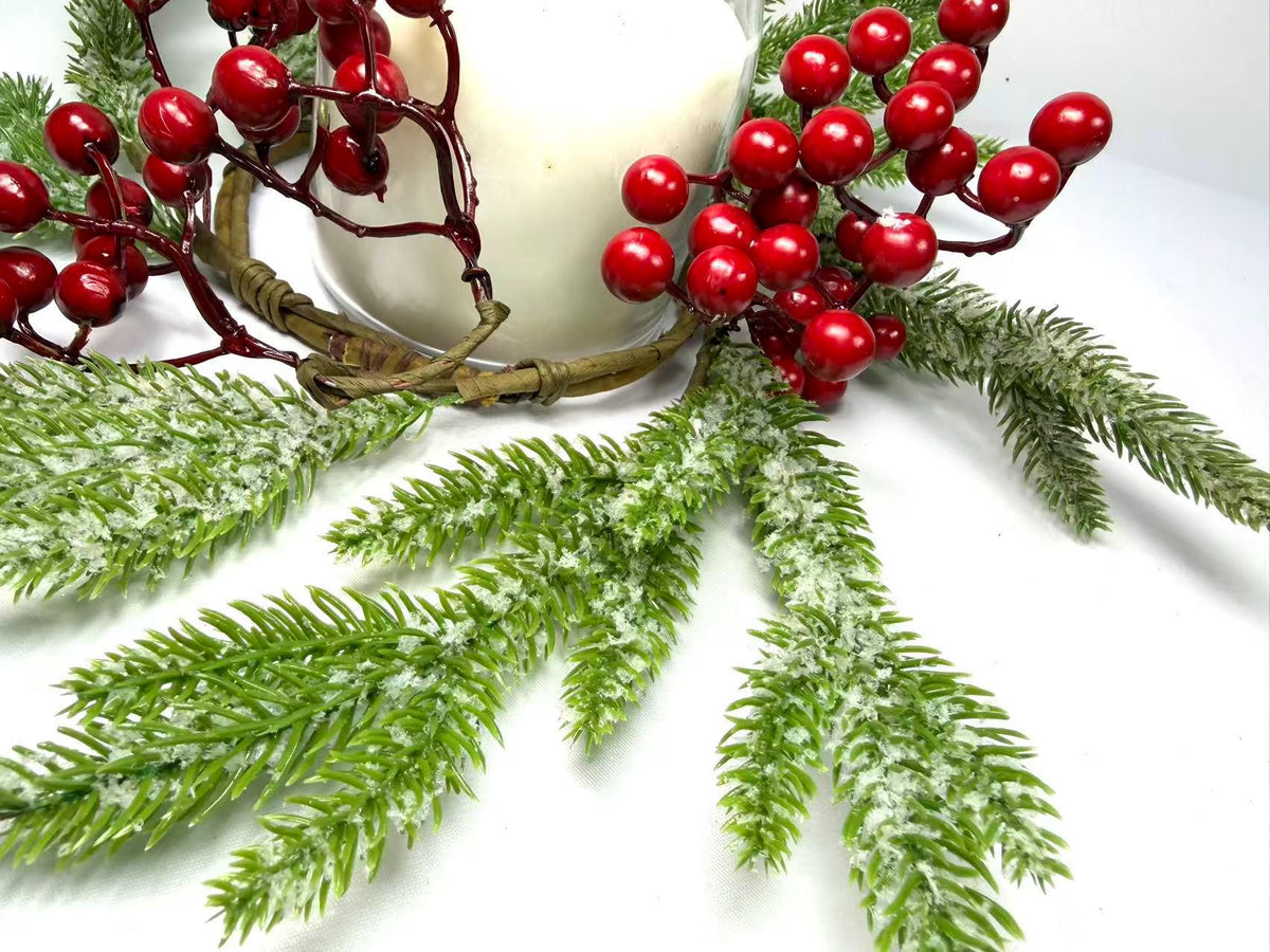 Frosted Cedar and Red Berry Candle Ring, Christmas Table Centerpiece