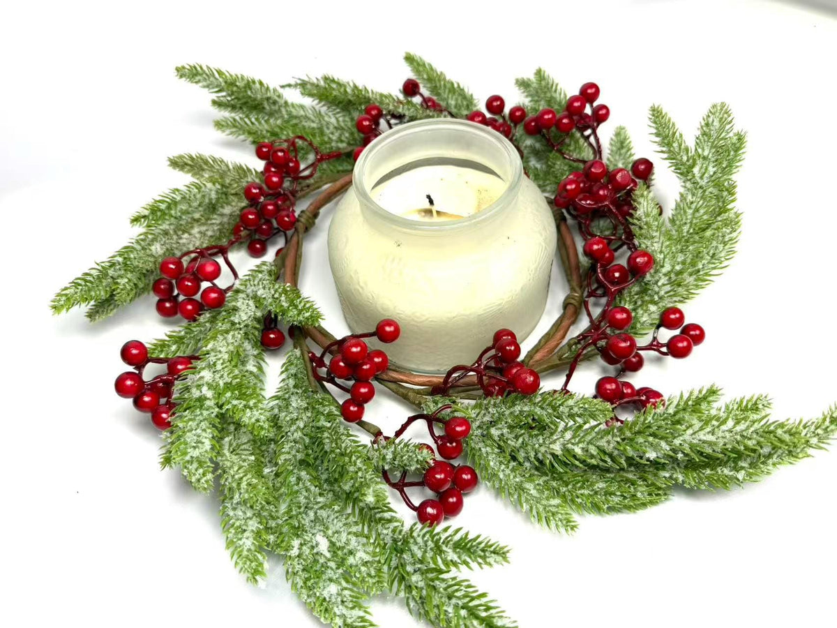 Frosted Cedar and Red Berry Candle Ring, Christmas Table Centerpiece