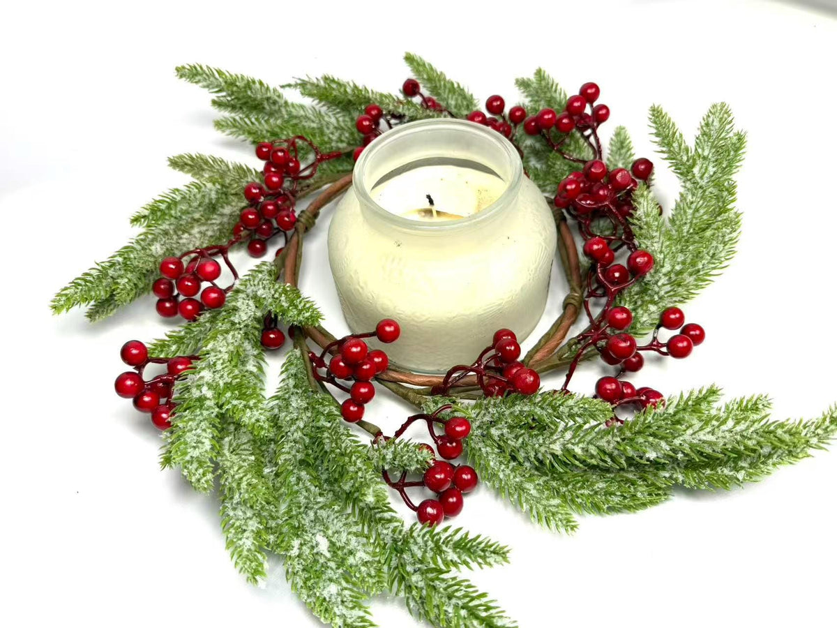 Frosted Cedar and Red Berry Candle Ring, Christmas Table Centerpiece