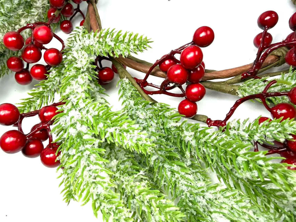 Frosted Cedar and Red Berry Candle Ring, Christmas Table Centerpiece