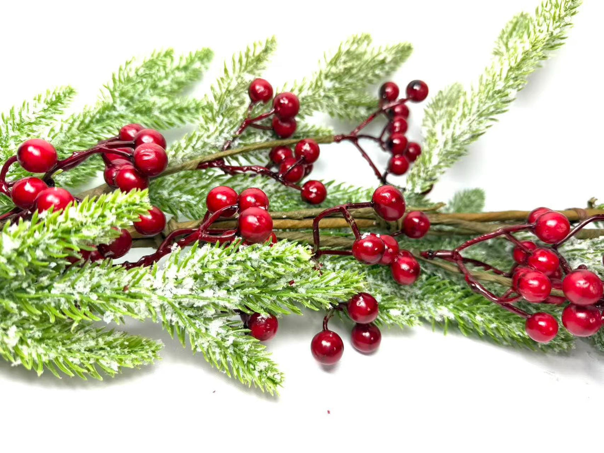 5ft Artificial Snowy Pine and Red Berry Garland, Christmas Winter Greenery Mantle Decor