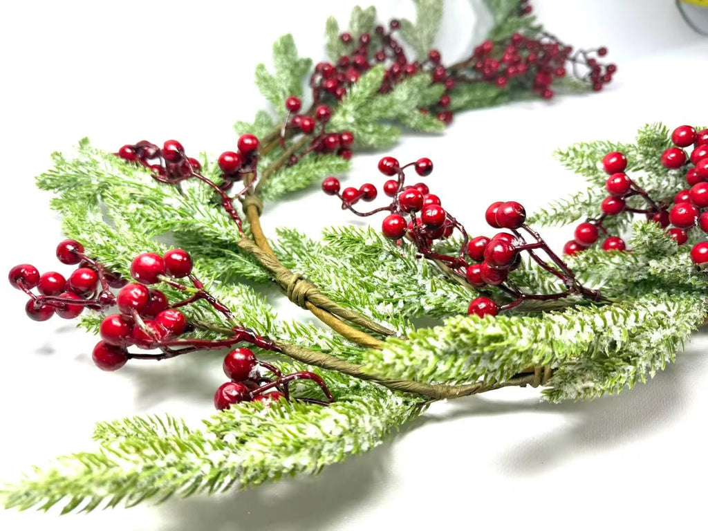 5ft Artificial Snowy Pine and Red Berry Garland, Christmas Winter Greenery Mantle Decor