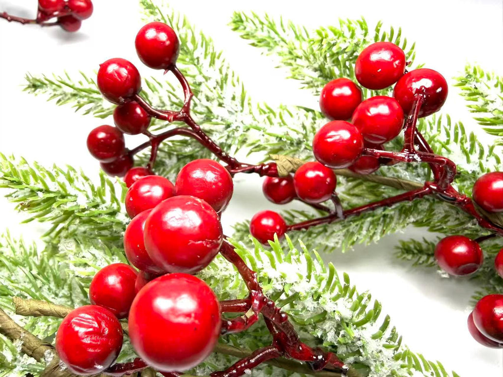 5ft Artificial Snowy Pine and Red Berry Garland, Christmas Winter Greenery Mantle Decor