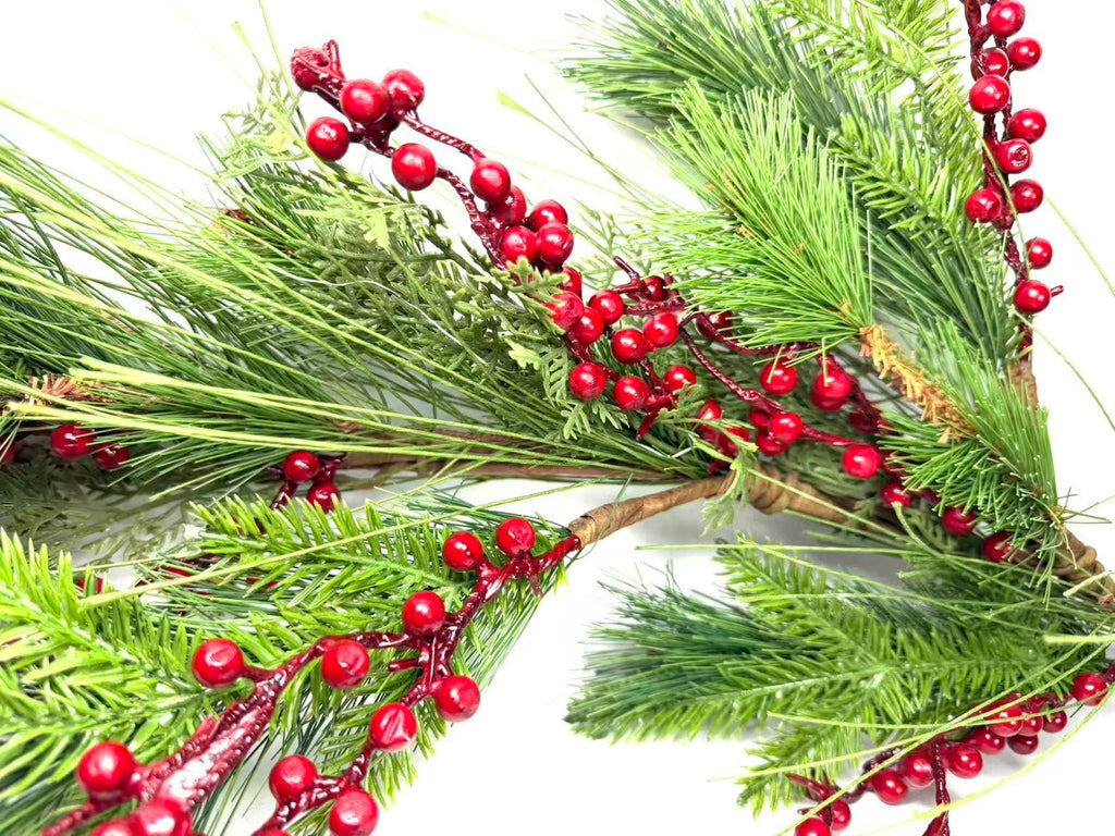 60 Inch Christmas Garland with Red Berries and Pine Greenery, Winter Holiday Mantel Decor