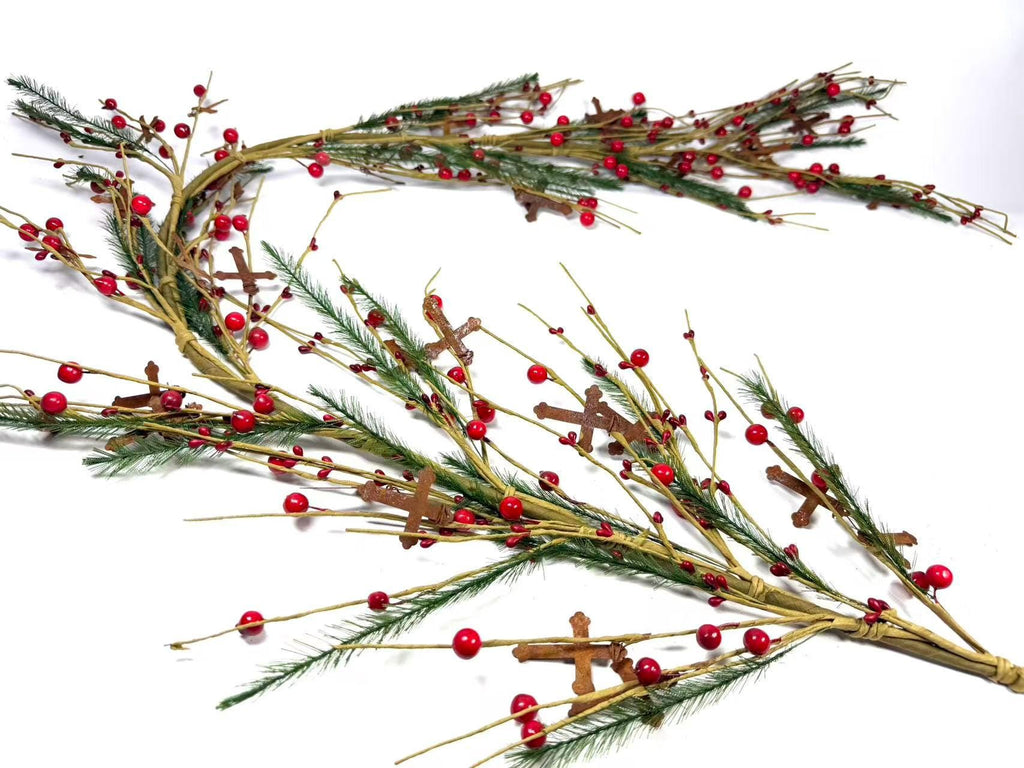 55 Inch Rustic Christmas Garland with Red Berries and Metal Crosses, Farmhouse Holiday Decor