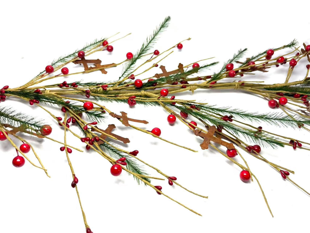 55 Inch Rustic Christmas Garland with Red Berries and Metal Crosses, Farmhouse Holiday Decor
