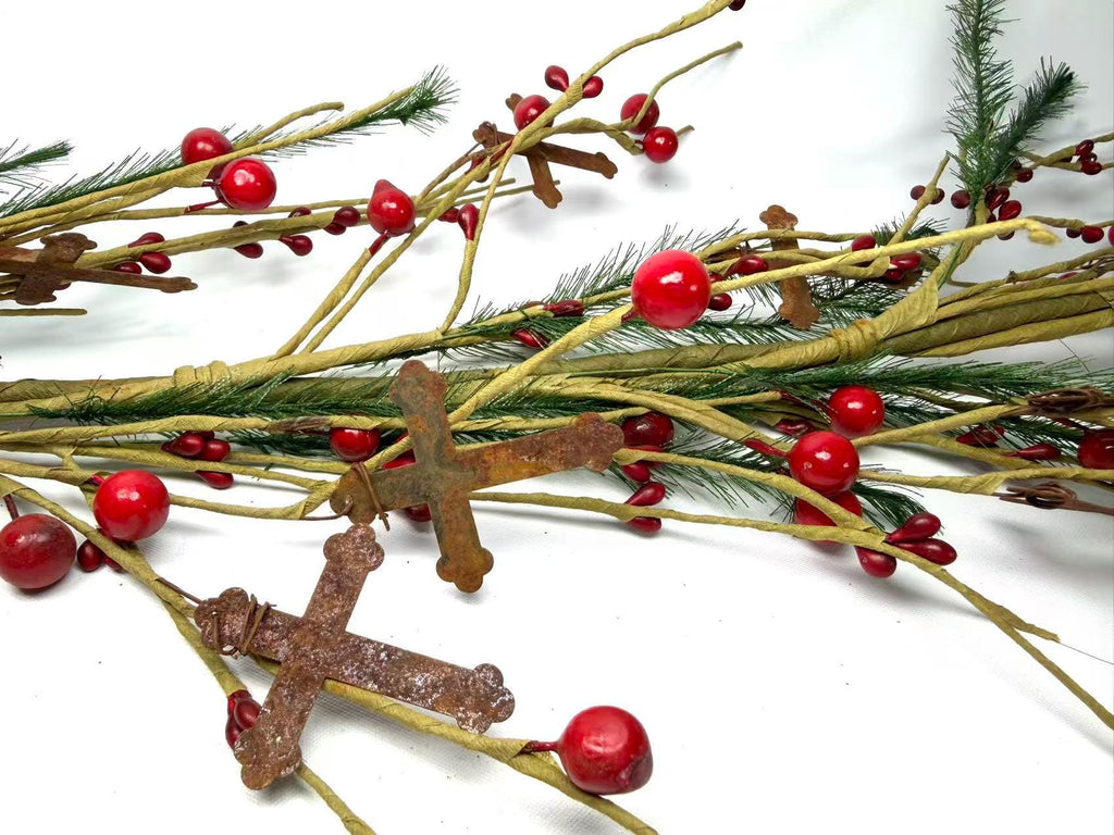 55 Inch Rustic Christmas Garland with Red Berries and Metal Crosses, Farmhouse Holiday Decor