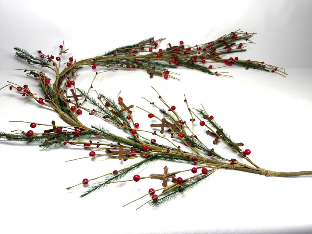 55 Inch Rustic Christmas Garland with Red Berries and Metal Crosses, Farmhouse Holiday Decor