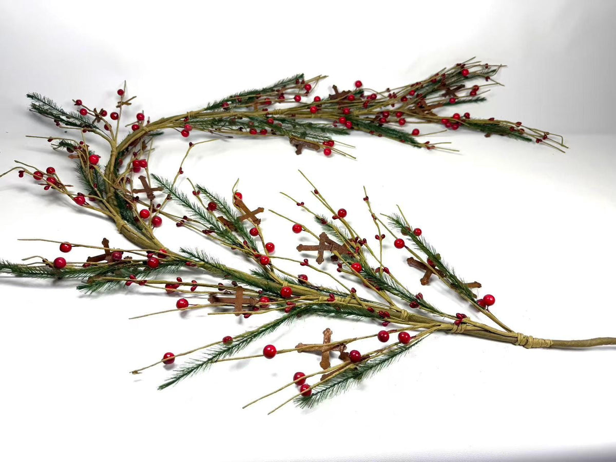 55 Inch Rustic Christmas Garland with Red Berries and Metal Crosses, Farmhouse Holiday Decor