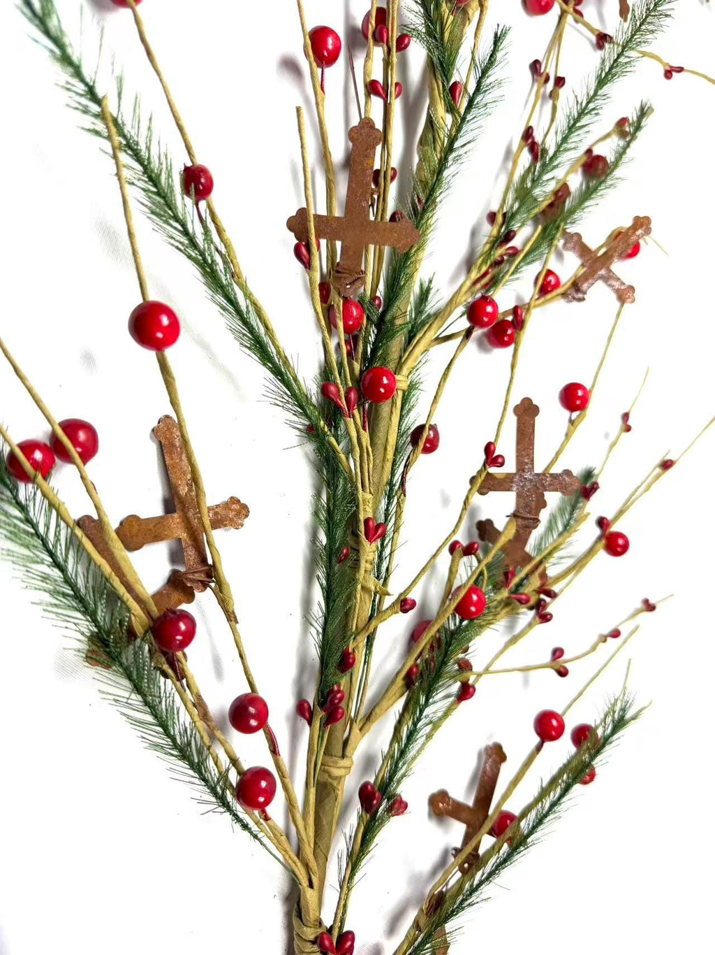 55 Inch Rustic Christmas Garland with Red Berries and Metal Crosses, Farmhouse Holiday Decor