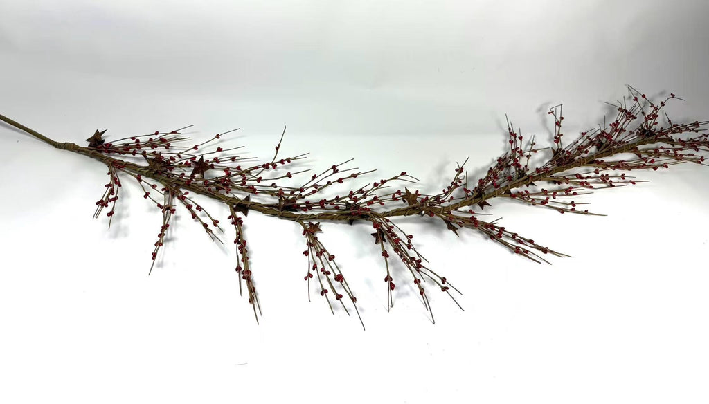 55" Red Pip Berry Garland with Rusty Stars, Farmhouse Country Christmas Mantel Decor