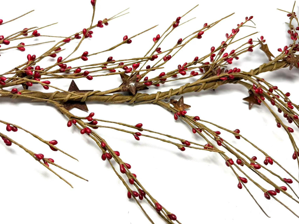 55" Red Pip Berry Garland with Rusty Stars, Farmhouse Country Christmas Mantel Decor