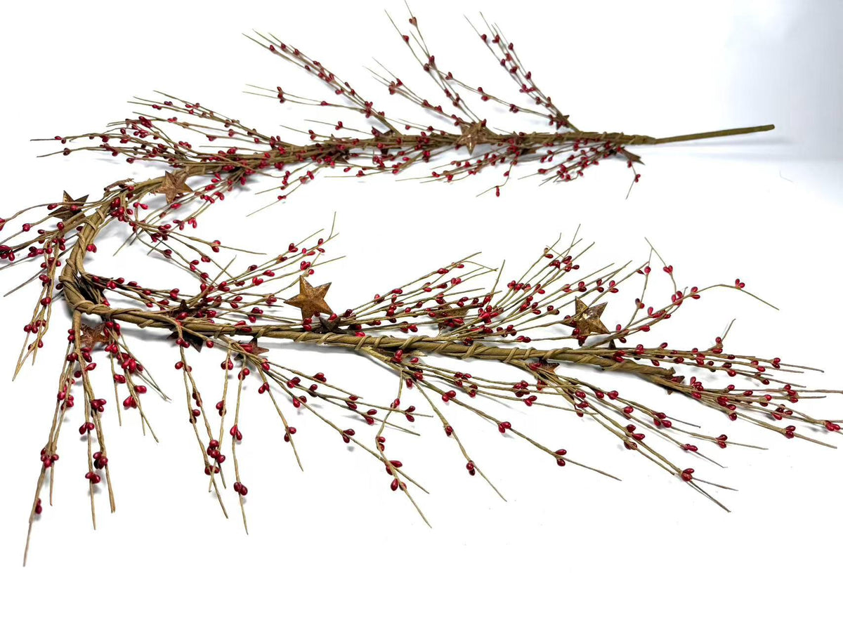 55" Red Pip Berry Garland with Rusty Stars, Farmhouse Country Christmas Mantel Decor