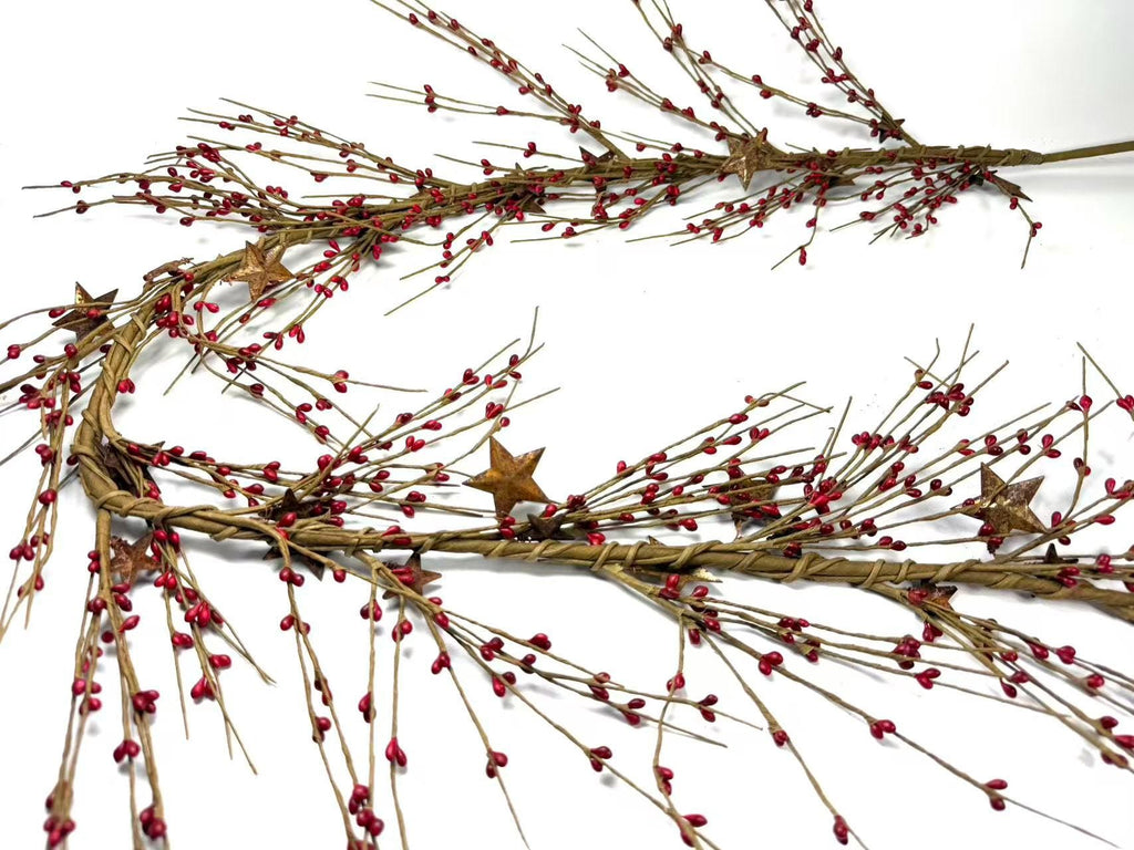 55" Red Pip Berry Garland with Rusty Stars, Farmhouse Country Christmas Mantel Decor