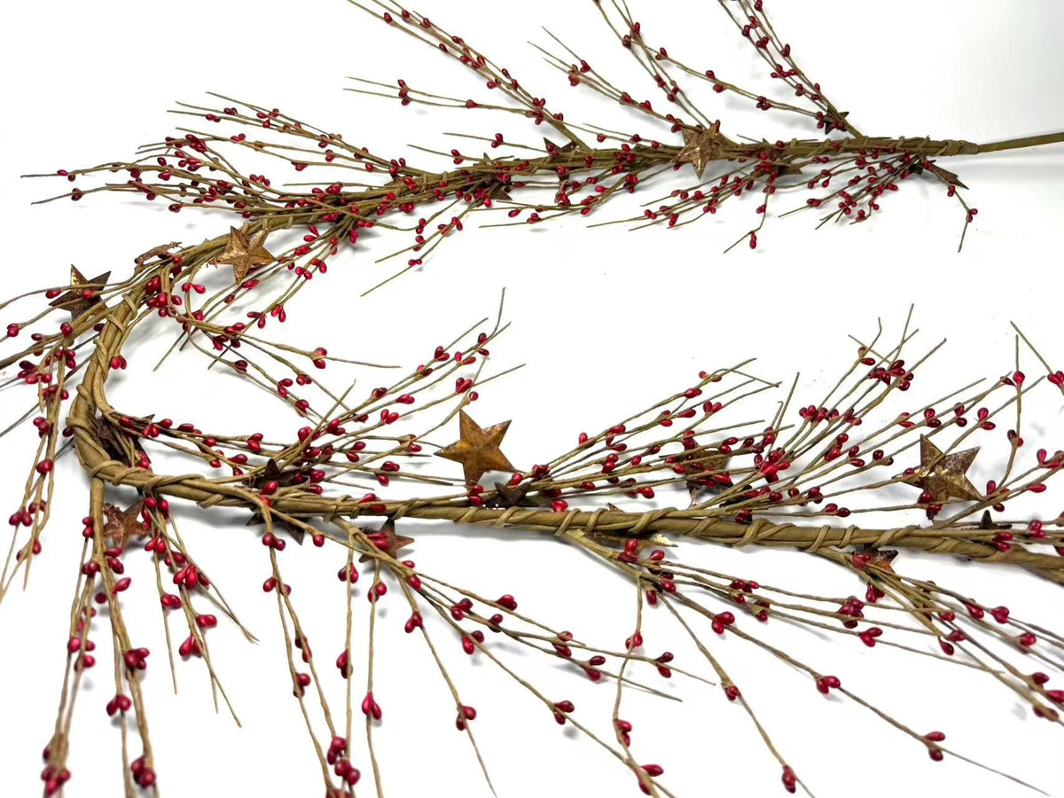 55" Red Pip Berry Garland with Rusty Stars, Farmhouse Country Christmas Mantel Decor