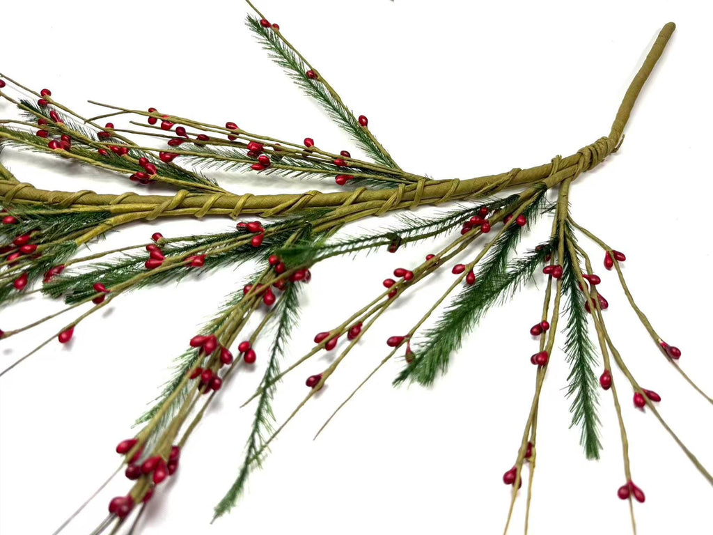 55" Red Berry & Pine Garland, Rustic Farmhouse Christmas Mantel Decor, Winter Greenery