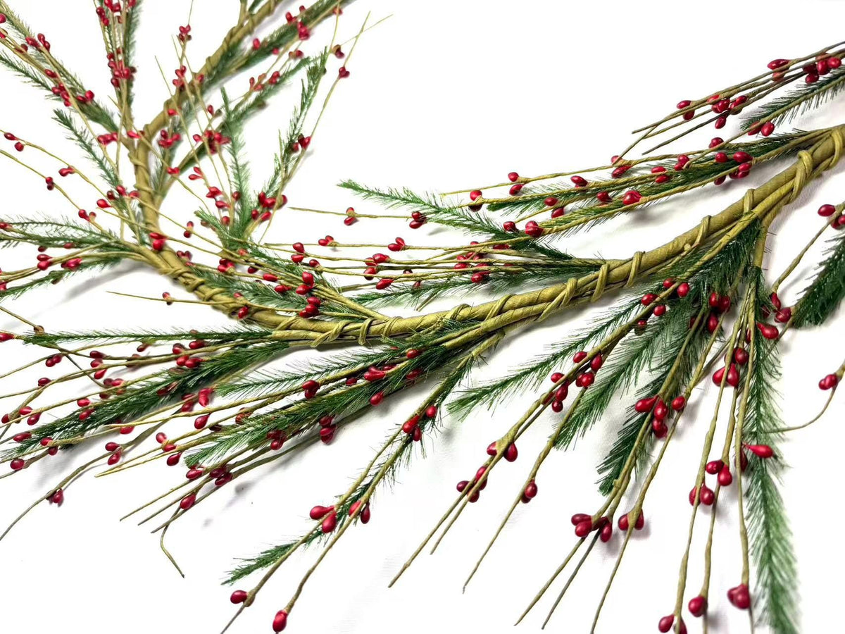 55" Red Berry & Pine Garland, Rustic Farmhouse Christmas Mantel Decor, Winter Greenery