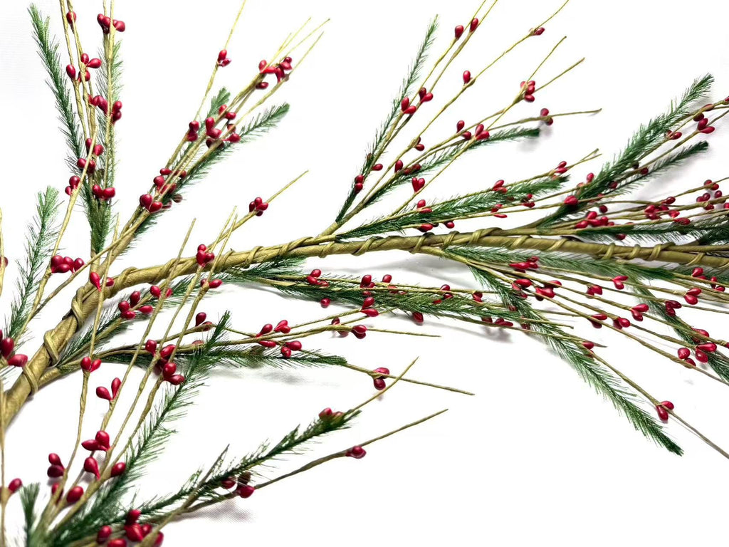 55" Red Berry & Pine Garland, Rustic Farmhouse Christmas Mantel Decor, Winter Greenery
