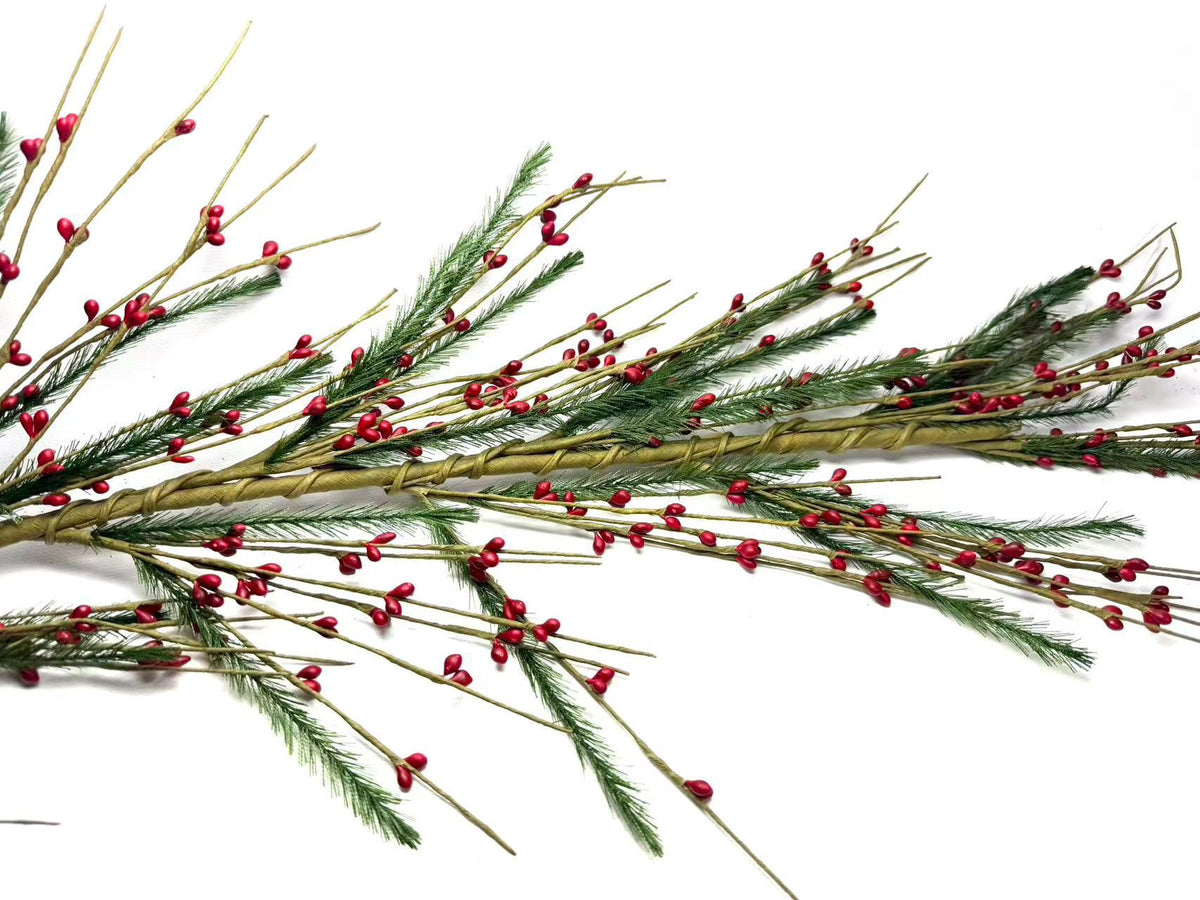 55" Red Berry & Pine Garland, Rustic Farmhouse Christmas Mantel Decor, Winter Greenery