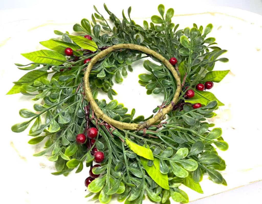 Mini Green Wreath 4.5” Candle Ring Tray Decor Boxwood Faux Spring Farmhouse Greenery Wreath
