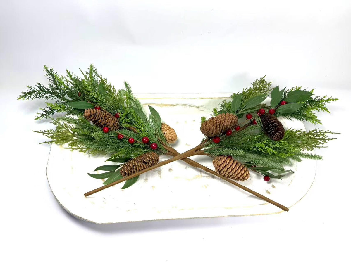 22" Real Touch Christmas Cedar Pine Pick with Red Berries and Pinecones