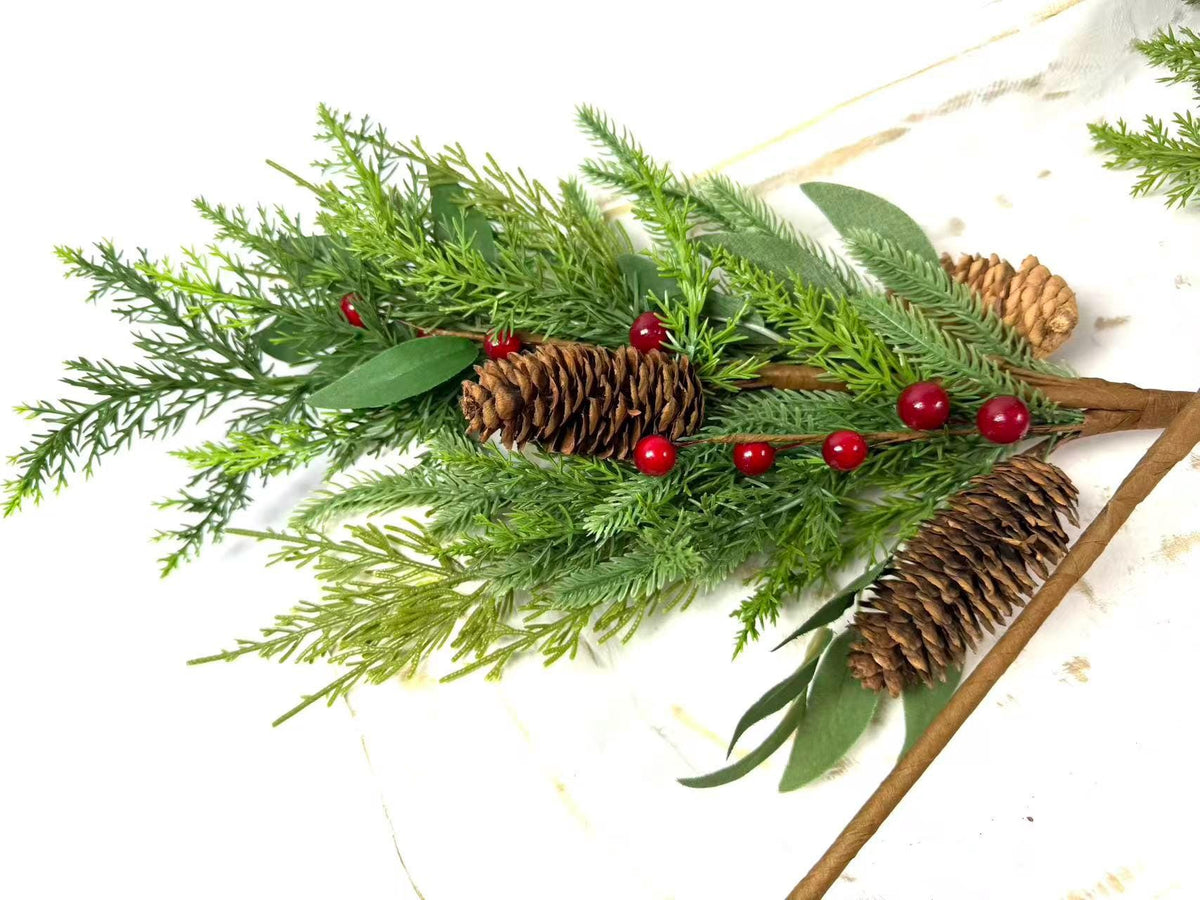 22" Real Touch Christmas Cedar Pine Pick with Red Berries and Pinecones