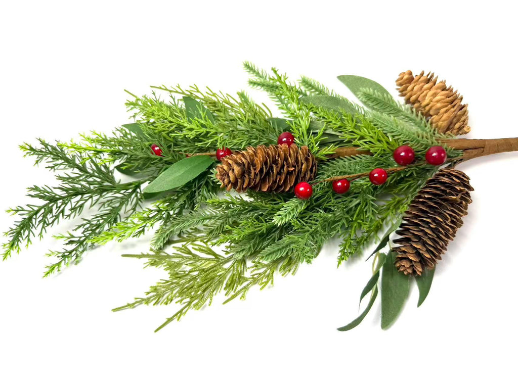 22" Real Touch Christmas Cedar Pine Pick with Red Berries and Pinecones