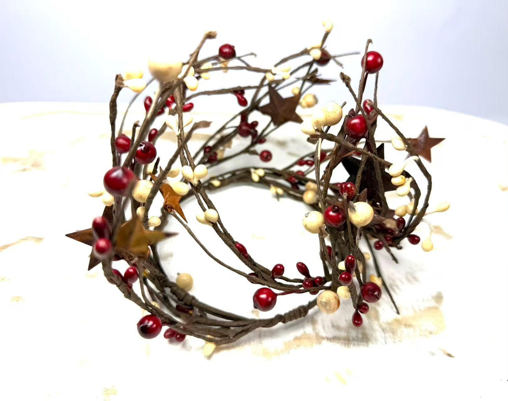 Pip Berry Candle Ring with Rusty Stars, Country Farmhouse Decor (4.5 inch)