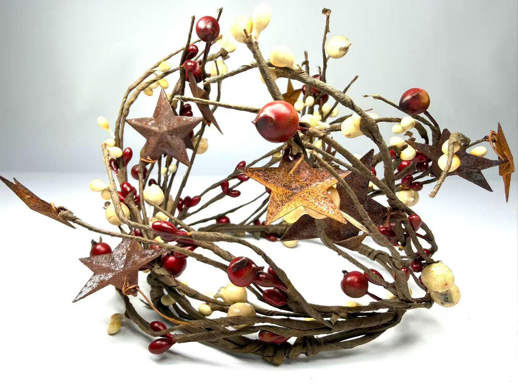 Pip Berry Candle Ring with Rusty Stars, Country Farmhouse Decor (4.5 inch)