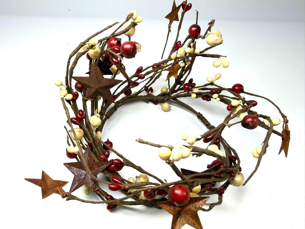 Pip Berry Candle Ring with Rusty Stars, Country Farmhouse Decor (4.5 inch)