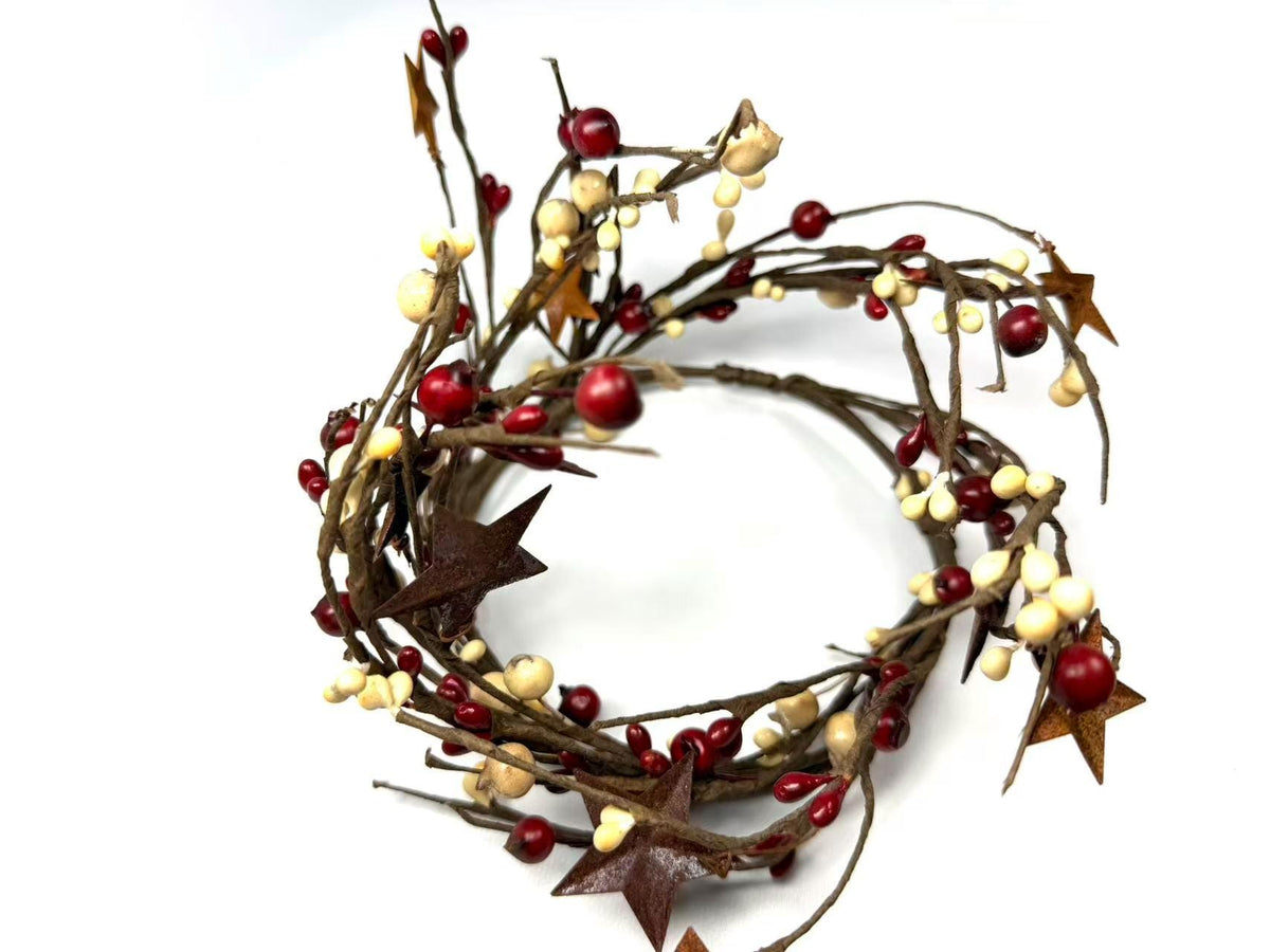 Pip Berry Candle Ring with Rusty Stars, Country Farmhouse Decor (4.5 inch)