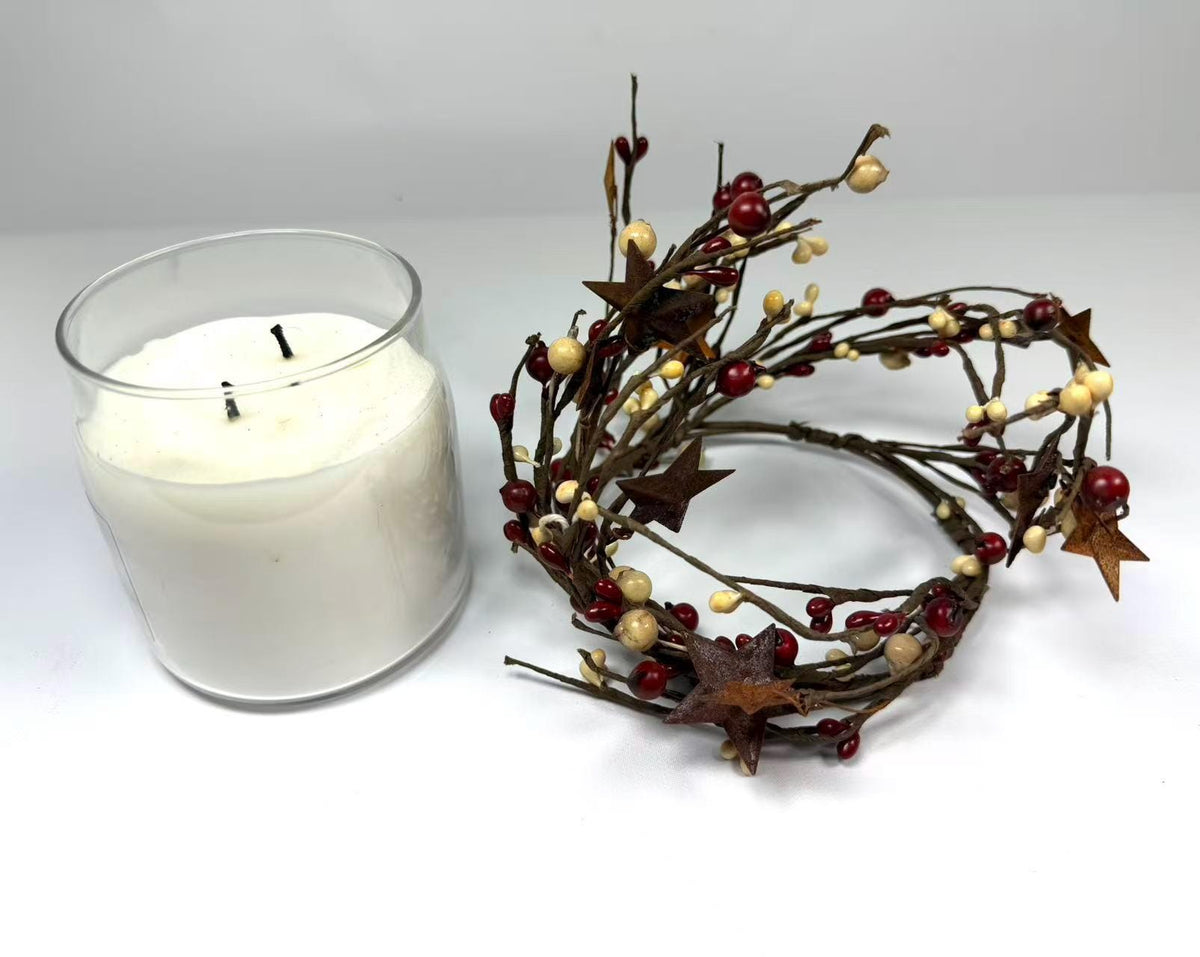 Pip Berry Candle Ring with Rusty Stars, Country Farmhouse Decor (4.5 inch)