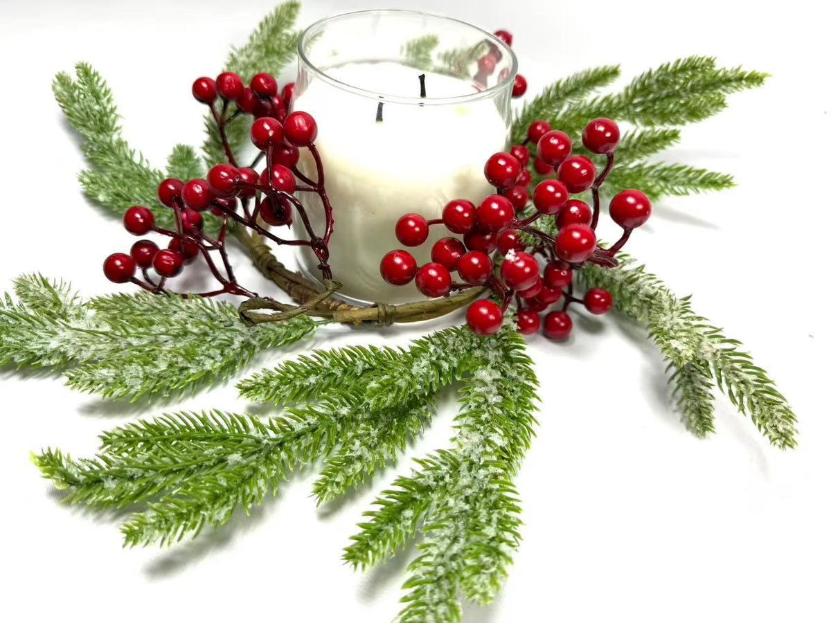 Frosted Cedar and Red Berry Candle Ring, Christmas Table Centerpiece