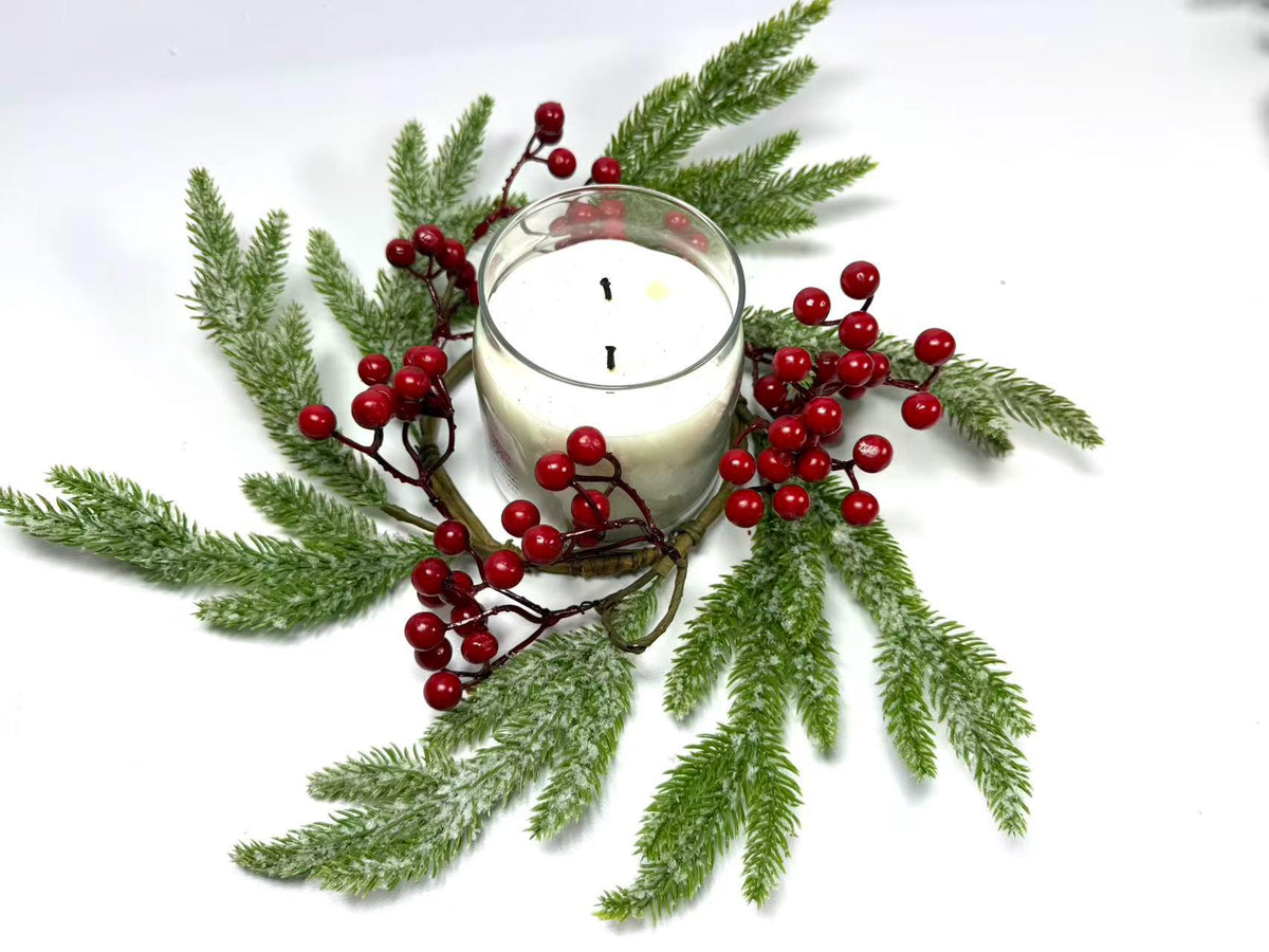 Frosted Cedar and Red Berry Candle Ring, Christmas Table Centerpiece
