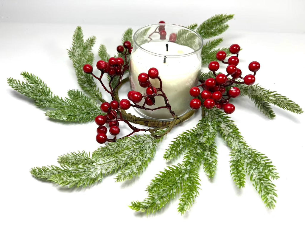 Frosted Cedar and Red Berry Candle Ring, Christmas Table Centerpiece