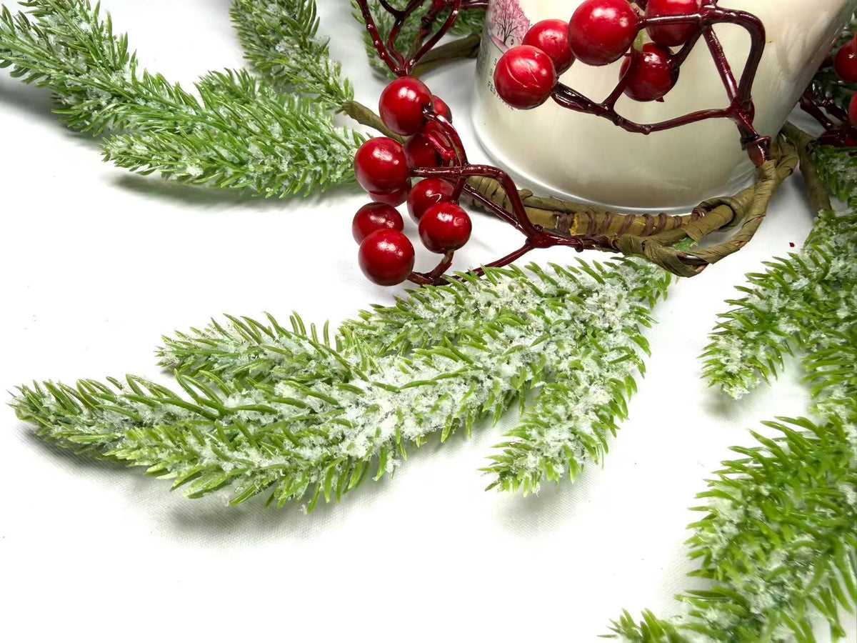 Frosted Cedar and Red Berry Candle Ring, Christmas Table Centerpiece