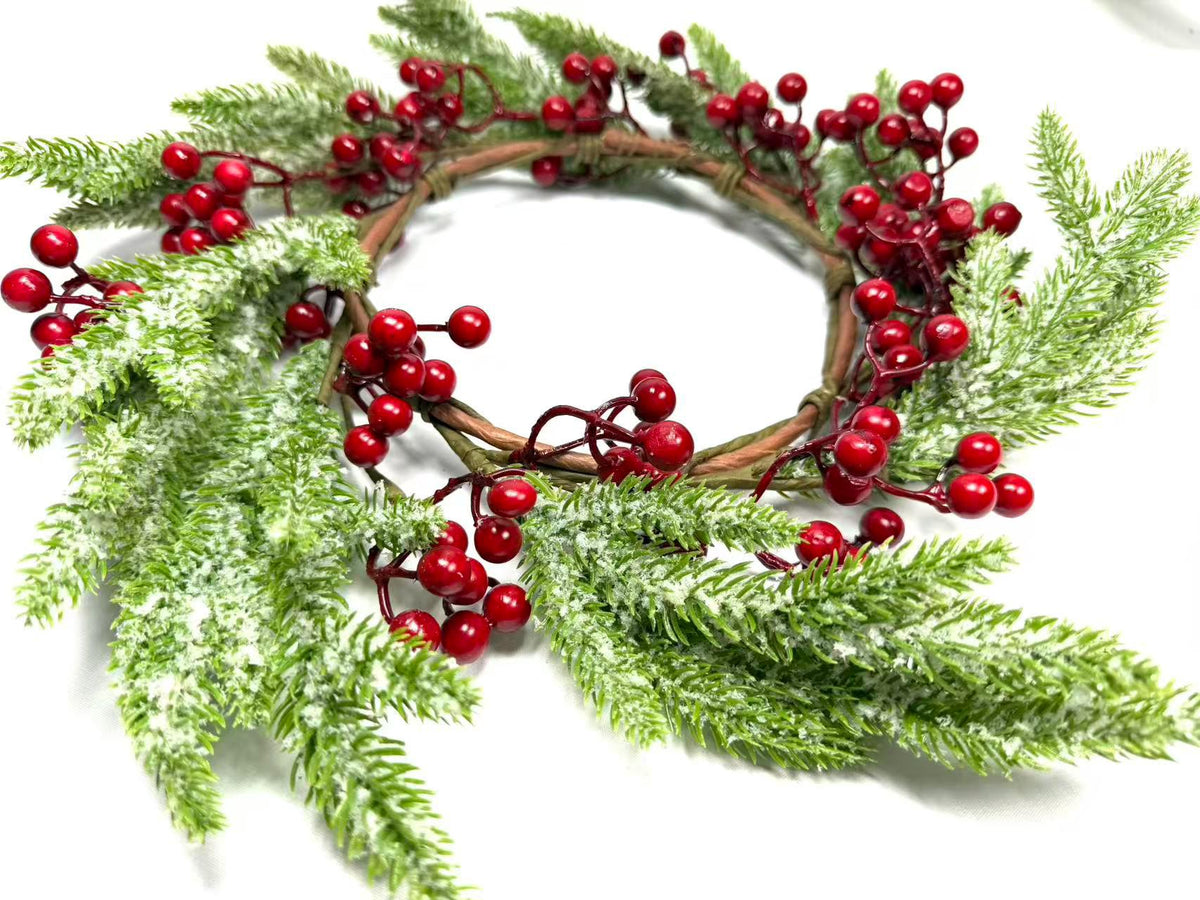 Frosted Cedar and Red Berry Candle Ring, Christmas Table Centerpiece