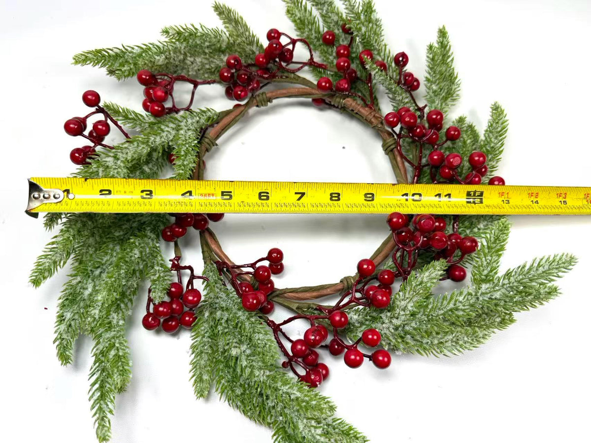 Frosted Cedar and Red Berry Candle Ring, Christmas Table Centerpiece