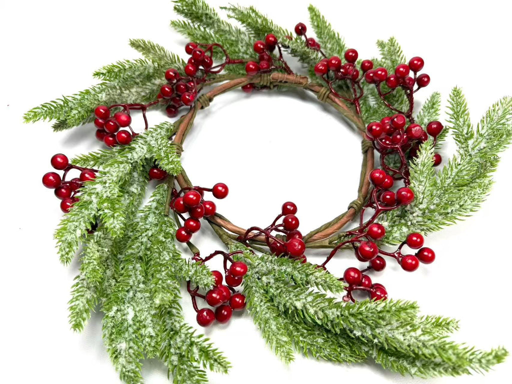 Frosted Cedar and Red Berry Candle Ring, Christmas Table Centerpiece