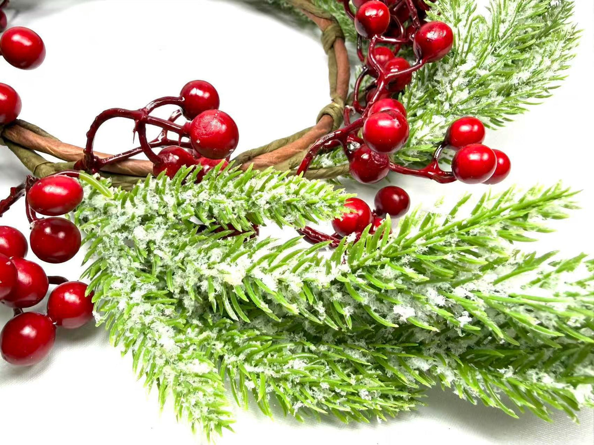 Frosted Cedar and Red Berry Candle Ring, Christmas Table Centerpiece