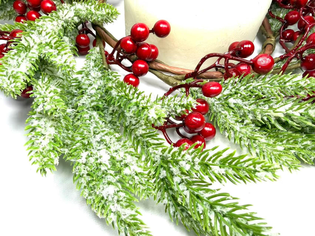Frosted Cedar and Red Berry Candle Ring, Christmas Table Centerpiece