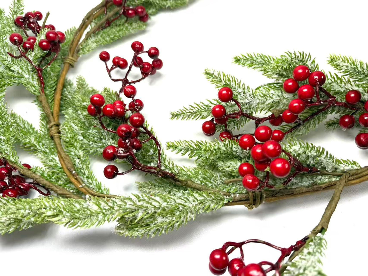 5ft Artificial Snowy Pine and Red Berry Garland, Christmas Winter Greenery Mantle Decor