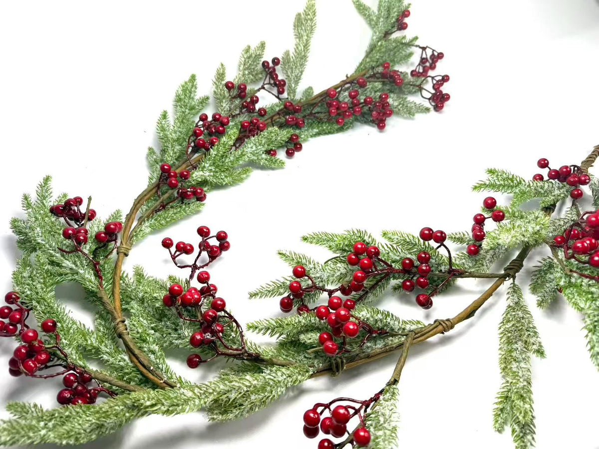 5ft Artificial Snowy Pine and Red Berry Garland, Christmas Winter Greenery Mantle Decor