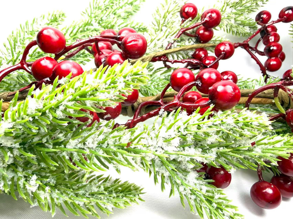 5ft Artificial Snowy Pine and Red Berry Garland, Christmas Winter Greenery Mantle Decor